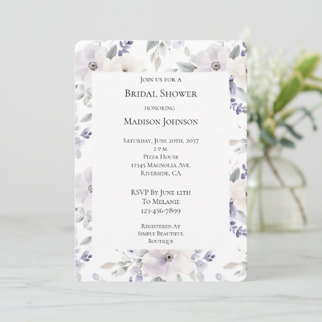Invitación Bonito Morado Lavanda Flores Bridales Ducha (Anverso de pie)