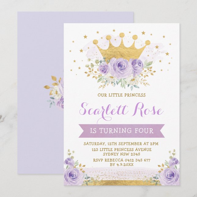 Invitación Bonito Morado Lilac Princesa de Oro Cumpleaños de  (Anverso / Reverso)