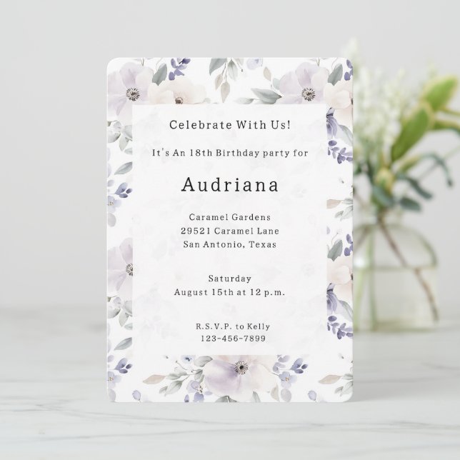 Invitación Bonito Morado Marfil Lavender Flores Cumpleaños (Anverso de pie)