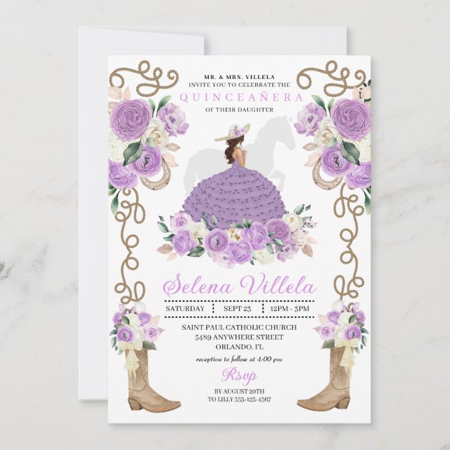 Invitación Bonito Morado Mariachi Charro Princesa Quinceañera (Anverso)