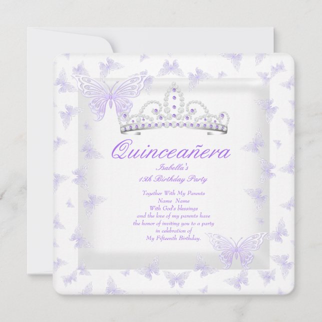 Invitación Bonito Morado Quinceanera Fiesta Tiara Butterfly (Anverso)