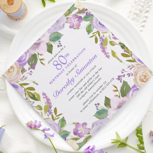 Invitación Bonito Morado Rustico Floral 80 cumpleaños (Subido por el creador)