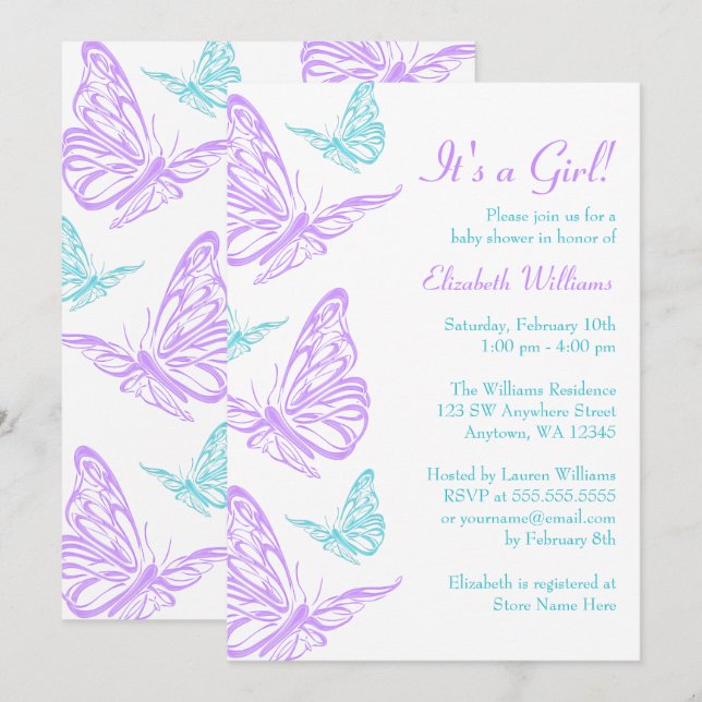 Invitación Bonito Morado Verde azulado Mariposa Chica Baby Sh (Anverso / Reverso)