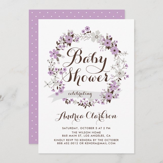 Invitación Bonito Morado y Gris Floral Wreath Baby Shower (Anverso / Reverso)
