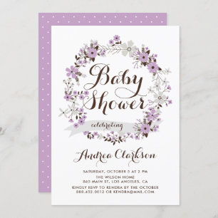 Invitación Bonito Morado y Gris Floral Wreath Baby Shower