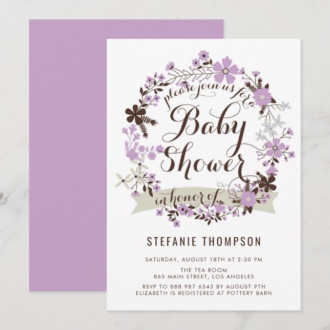 Invitación Bonito Morado y Gris Floral Wreath Baby Shower (Anverso / Reverso)