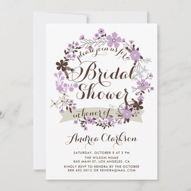 Invitación Bonito Morado y Gris Floral Wreath Briwower (Anverso)