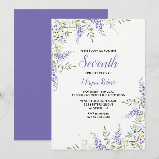 Invitación Bonito Morple Lavender Floral 7 cumpleaños Invitac (Anverso / Reverso)