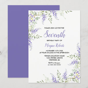 Invitación Bonito Morple Lavender Floral 7 cumpleaños Invitac