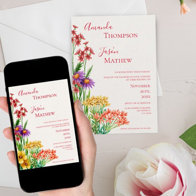 Invitación Bonito naranja Boda de flores silvestres moradas a (Subido por el creador)