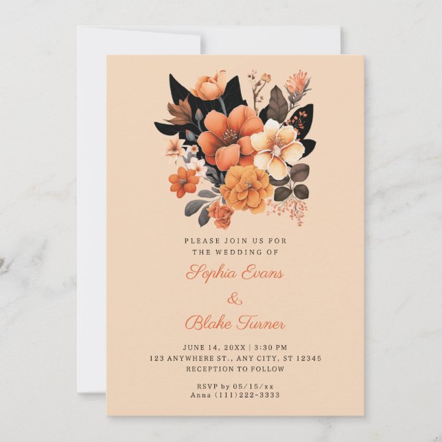 Invitación Bonito Naranja Floral Bouquet Fall Boda Beige (Anverso)