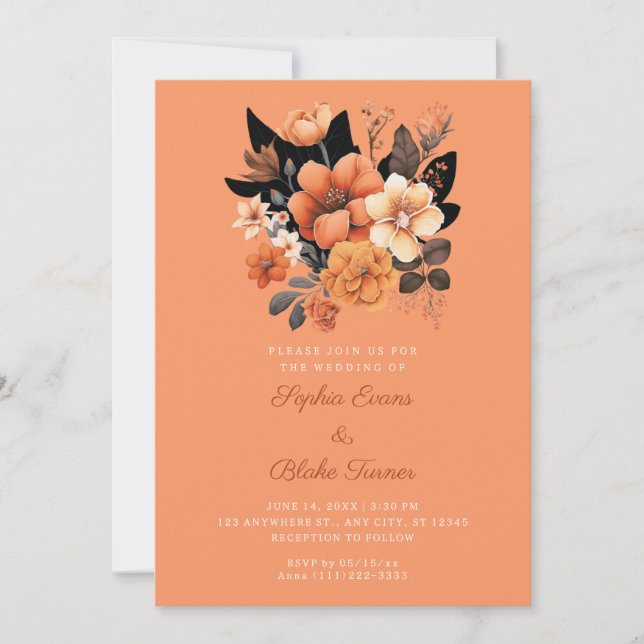 Invitación Bonito Naranja Floral Bouquet Fall Naranja Boda (Anverso)