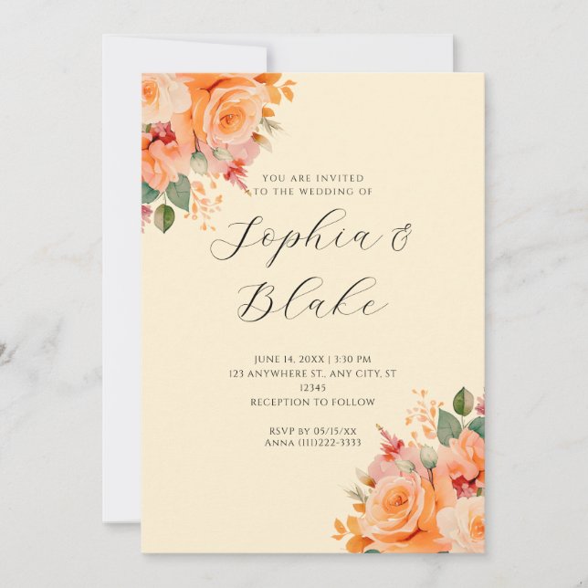Invitación Bonito Naranja Floral Elegante Boda Amarillo (Anverso)