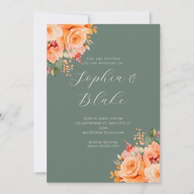 Invitación Bonito Naranja Floral Elegante Boda Verde (Anverso)