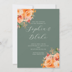 Invitación Bonito Naranja Floral Elegante Boda Verde