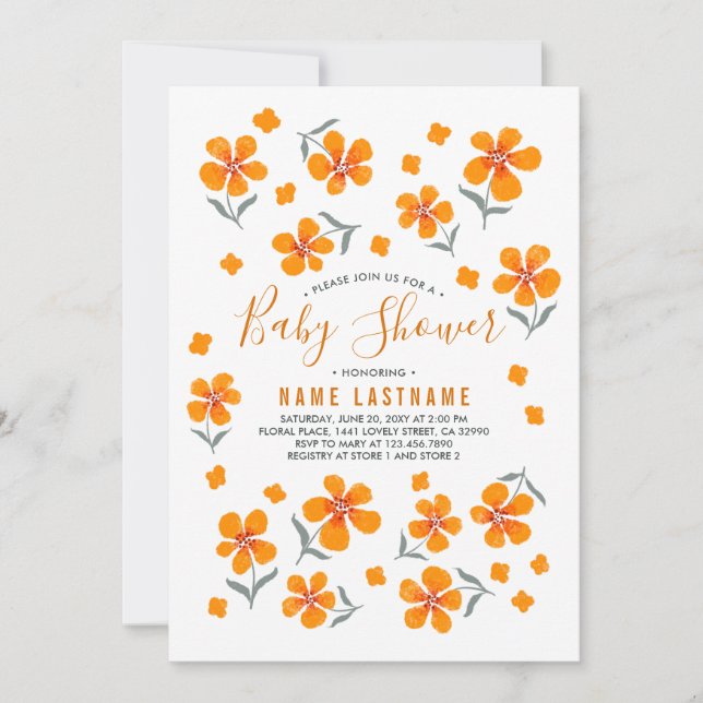 Invitación Bonito naranja flores Chica blanco Baby Shower (Anverso)