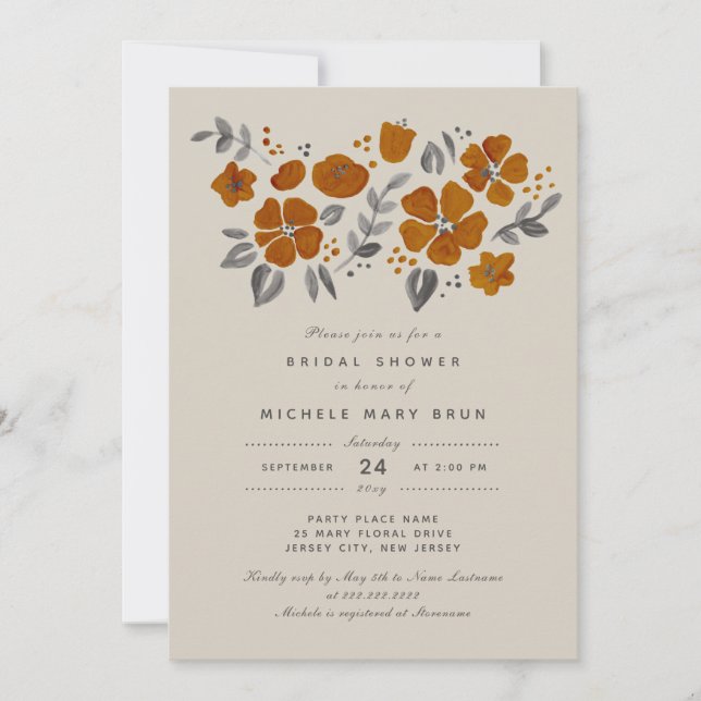 Invitación Bonito Naranja Rust Floral Bridal Shower (Anverso)