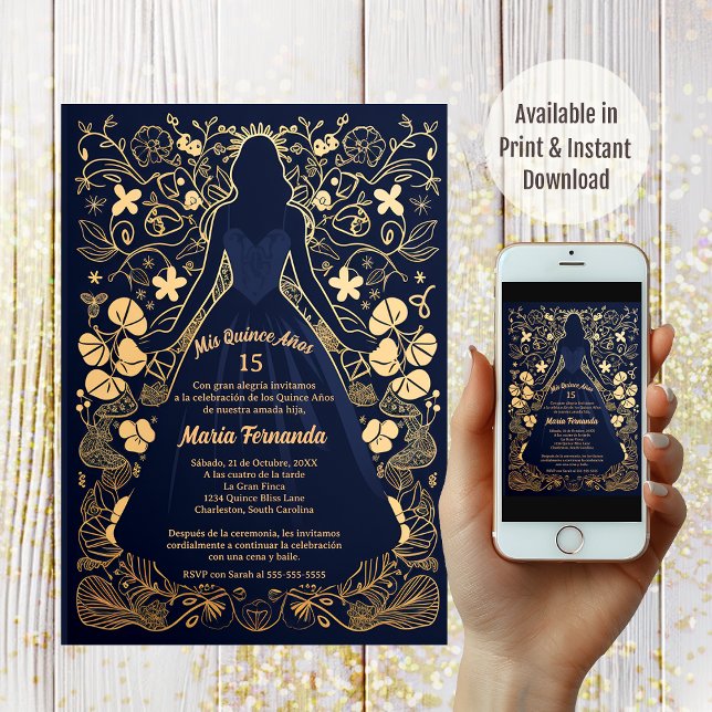 Invitación Bonito Navy Gold Mis Quince Años Quinceañera (Subido por el creador)