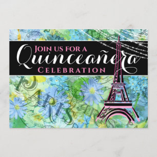 Invitación Bonito negrita Torre Eiffel París con quinceañera 