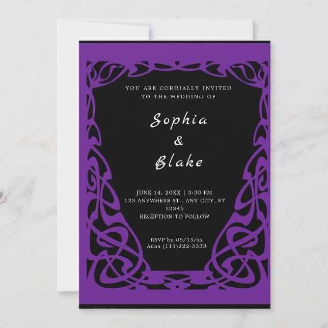 Invitación Bonito negro y morado Art Deco Boda (Anverso)
