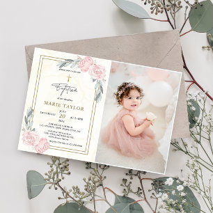 Invitación Bonito Neutral acuarela Floral Baptismo Foto