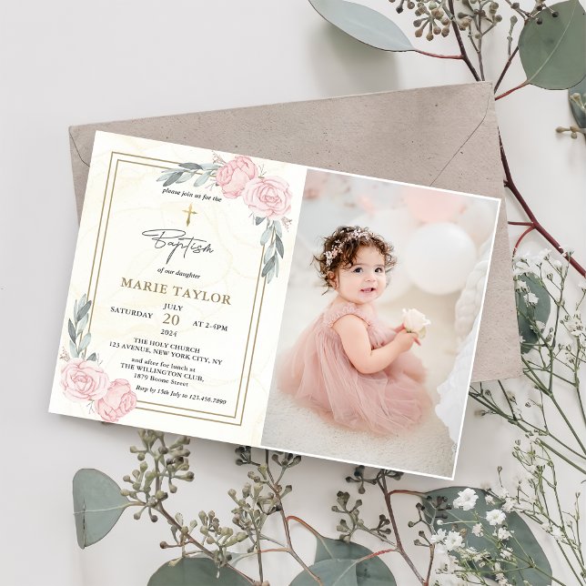 Invitación Bonito Neutral acuarela Floral Baptismo Foto (Subido por el creador)