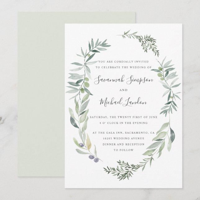 Invitación Bonito olivo y hojas boda de la corona (Anverso / Reverso)