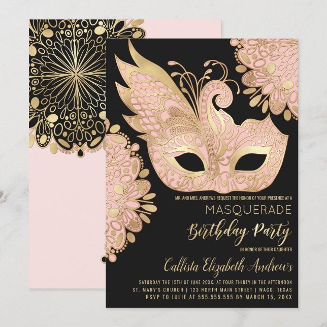 Invitación Bonito Oro rosado Máscara de Mascarada Negra Cumpl (Anverso / Reverso)