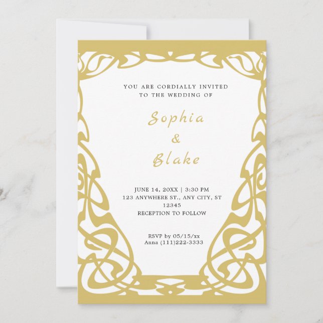 Invitación Bonito Oro y Boda Art Deco Blanco (Anverso)