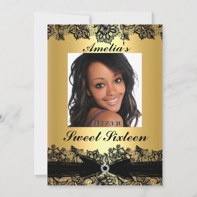 Invitación Bonito Oro y Negro Foto Dulce 16 Invite (Anverso)