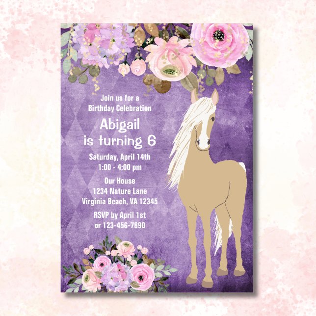 Invitación Bonito Palomino Horse Pink Purple Floral Cumpleaño (Front - Pretty Palomino Horse Pink Purple Floral Birthday Invitation)