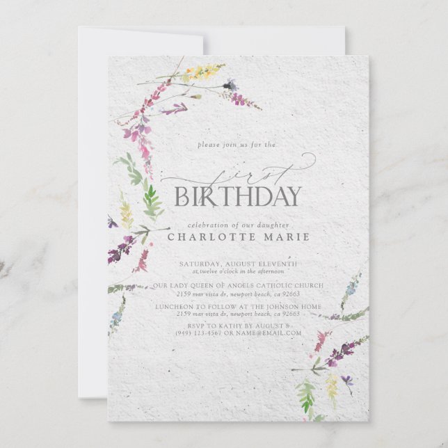 Invitación Bonito Papel acuarela de flores silvestres 1er cum (Anverso)
