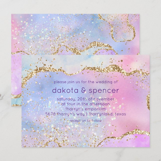 Invitación Bonito Pastel Agate | Boda acuarela arcoiris (Anverso / Reverso)