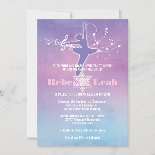 Invitación Bonito Pastel Ballet Baile, bailarina Bat Mitzvah (Anverso)
