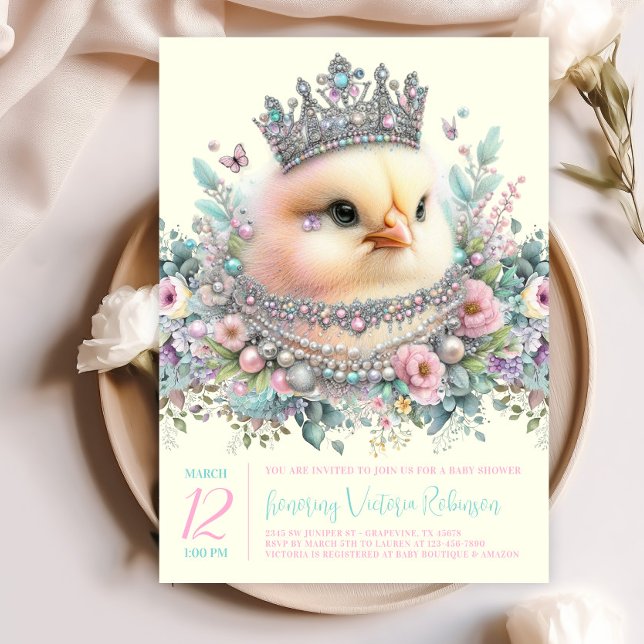 Invitación Bonito Pastel Chick Baby Shower (Beautiful chick with jewels and crown on a pretty floral background. )