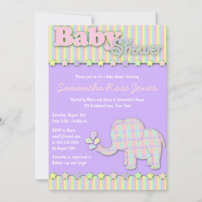 Invitación Bonito Pastel Elephant Baby Shower (Anverso)