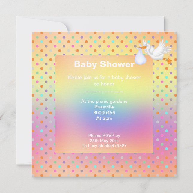 INVITACIÓN BONITO PASTEL RAINBOW SPOT BABY SHOWER STORK (Anverso)