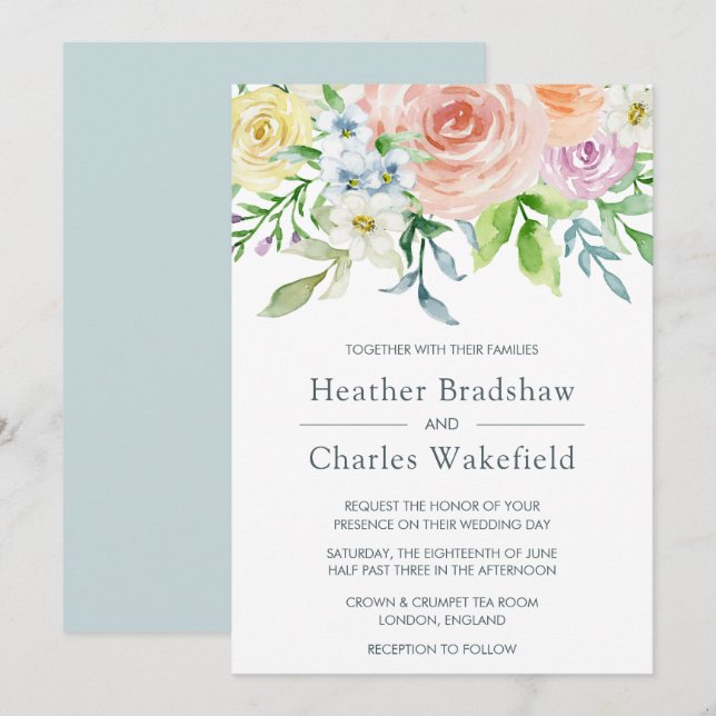 Invitación Bonito Pastel Watercolor Floral Boda (Anverso / Reverso)