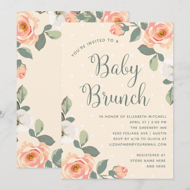 Invitación Bonito Peach Floral | Baby Brunch (Anverso / Reverso)