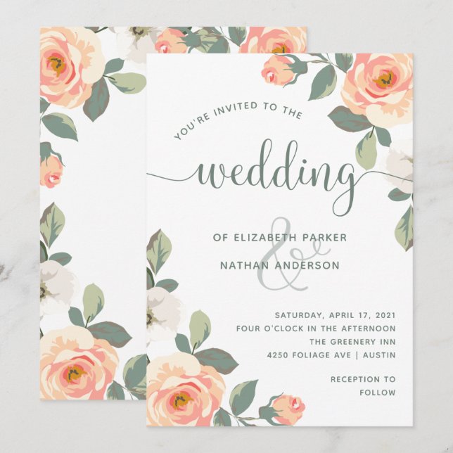 Invitación Bonito Peach Floral | Boda (Anverso / Reverso)