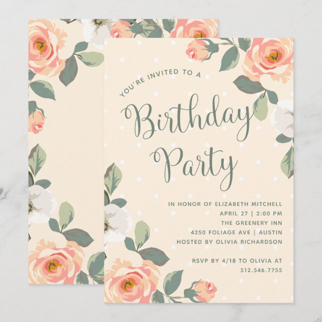 Invitación Bonito Peach Floral | Fiesta de cumpleaños (Anverso / Reverso)