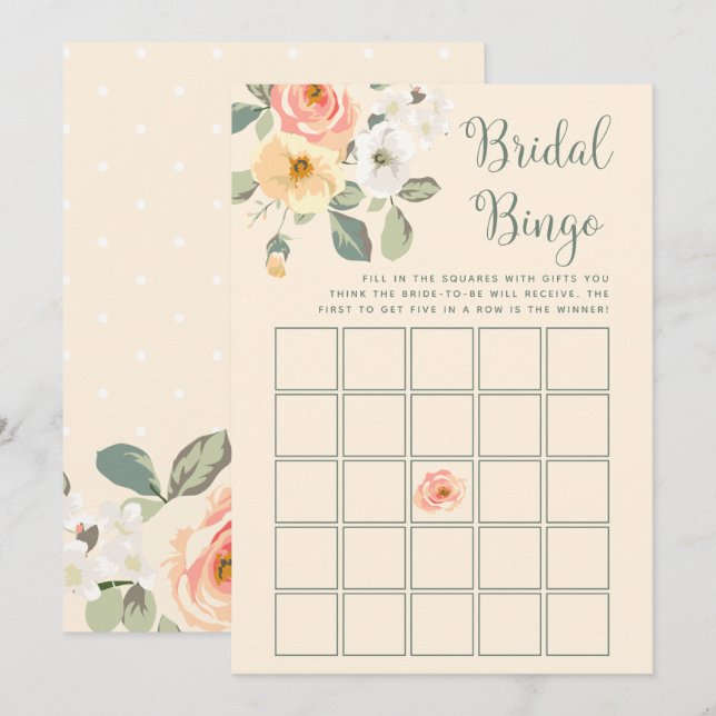 Invitación Bonito Peach Floral | Juego de Bingo Bridal Shower (Anverso / Reverso)