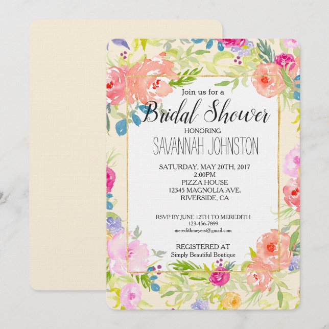 Invitación Bonito Peach Pink Watercolor Floral Brillante (Anverso / Reverso)