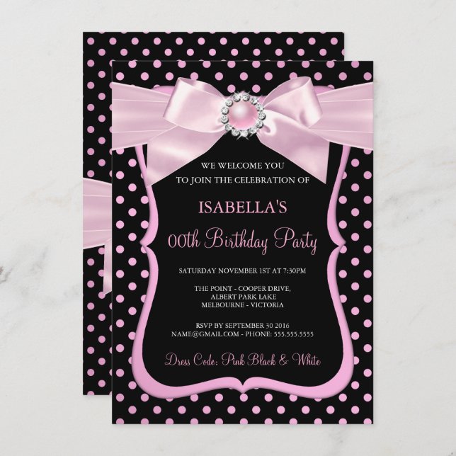 Invitación Bonito Pearl Bow Black Polka Dot Cumpleaños (Anverso / Reverso)