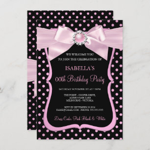 Invitación Bonito Pearl Bow Black Polka Dot Cumpleaños