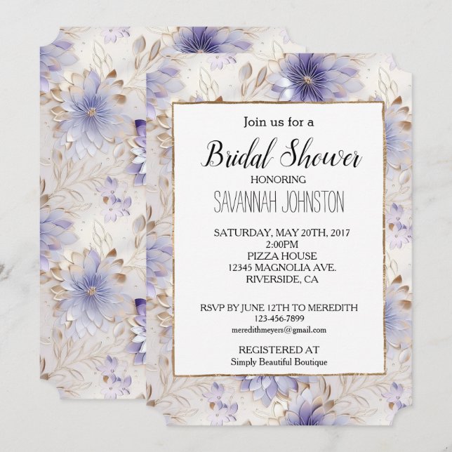 Invitación Bonito Pearl Flores Púrpuras Ducha Bridal (Anverso / Reverso)