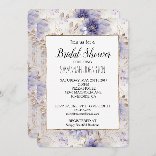 Invitación Bonito Pearl Flores Púrpuras Ducha Bridal (Anverso / Reverso)