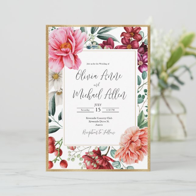 Invitación Bonito Peonies Boda de oro floral (Anverso de pie)