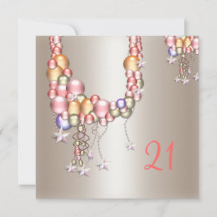 Invitación Bonito Pewter Peach Pearls Stars cumpleaños 21