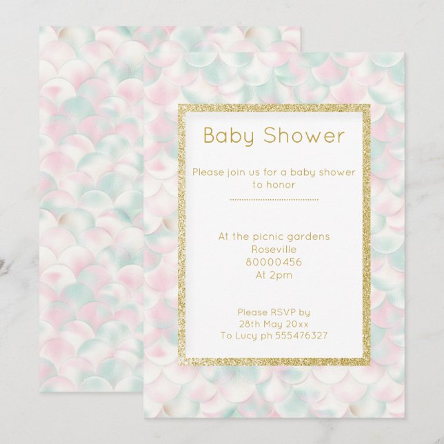 Invitación BONITO PINK GREEN GOLD MERMAID bebé ducha (Anverso / Reverso)